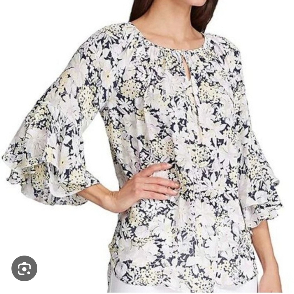 Chaps Ralph Lauren Cream & Blue Ruffled Bell Sleeve Blouse Small/Medium NWT